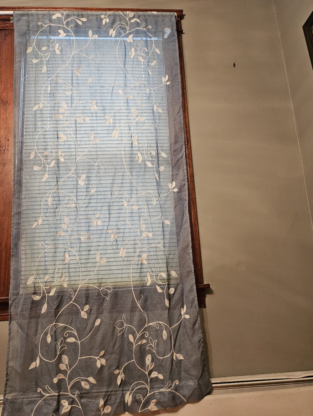 Light Blue Sheer Curtain Panel with Cream Vine Embroidery - Home Accents